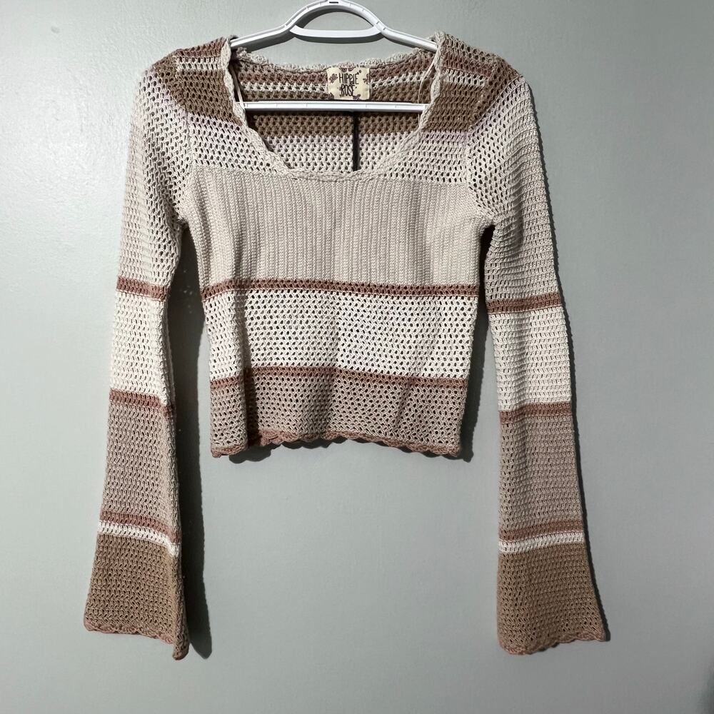 Hippie Rose Crochet Knit Top XS Bell Sleeve Neutral Striped NWT
